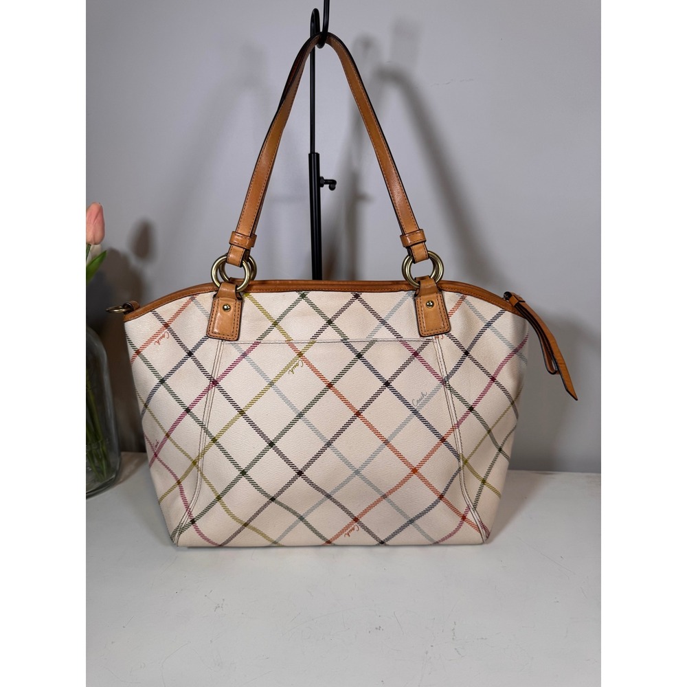 Coach Peyton Tattersall Tote Multicolor Plaid Cream Leather Trim F21924 - Picture 2 of 6